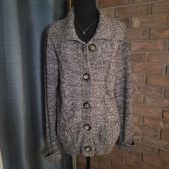 Style & Co Brown/White Tweed Wide-Collared Long Sleeve Chunky Cardigan  - Size L - Picture 10 of 12